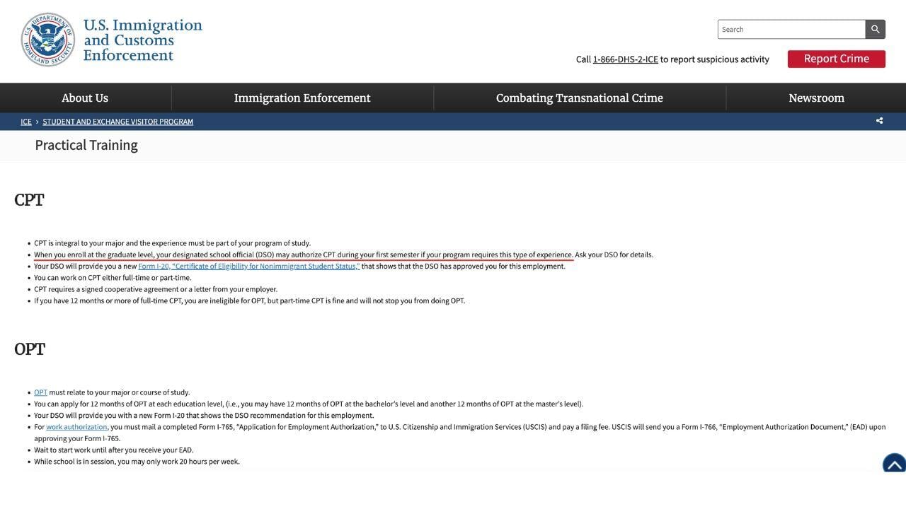 Official CPT Guidelines from the U.S. Immigration and Customs Enforcement (ICE) Website