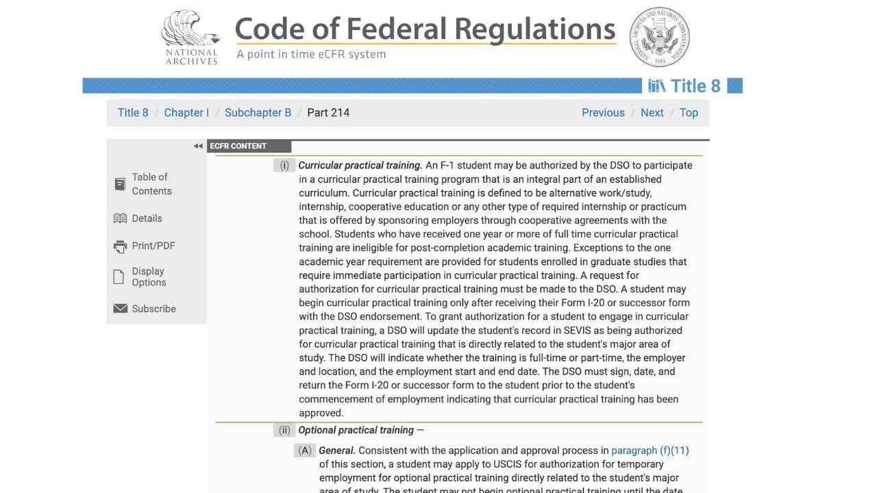 Explanation of CPT in the Code of Federal Regulations of the United States